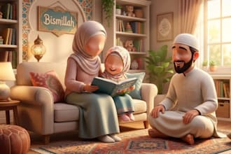 do islamic children book illustration, faceless muslim story book illustration