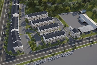 design community siteplan, townhouse development rendering, modern villa garage