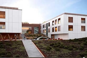 optimize 3d campus building, school exterior render,kids playground,nursery area