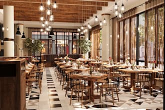 model 3d restaurant interior design, cozy coffee shop render, beam ceiling idea