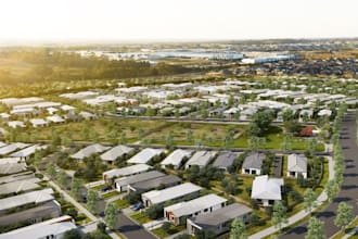 design aerial masterplan, community townhouse developments, marketing renderings