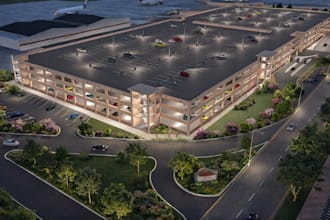 revamp 3d cgi airport parking lot complex exterior,rooftop design, estate lounge