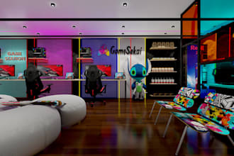 renew 3d gaming store interior,dressing room render, wall art decor,lobby design