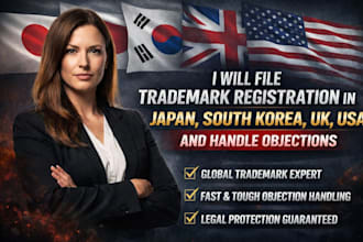 file trademark registration in japan, south korea, UK, USA and handle objection