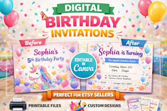 design a digital birthday invitation card printable or canva template