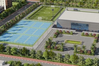 buildup 3d modern sport complex,urban gaming exterior render, padle court design