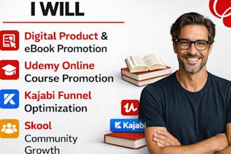 do digital product ebook promotion udemi online course promotion kajabi skool
