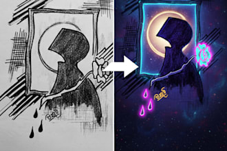 transform your hand drawn sketch into mystical neon digital art