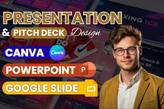 design pitch deck and presentations in powerpoint, canva and google slides