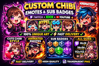 create chibi emote sub badges for youtube, kick twitch design animated emotes