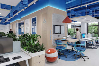 turn 2d into 3d modern open office interior, amadeus workspace, furniture render
