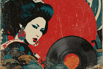 draw a vintage japanese vinyl style album cover