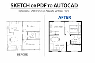 convert sketch, PDF to professional autocad floor plan, pdf to dwg, cad drafting