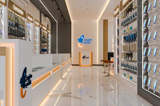 rebrand3d modern mobile store,gadget shop interior, space render,showroom design