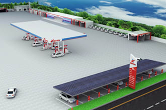 render 3d roadside fuel station,ev charging hub,carport,pit shop design,car wash