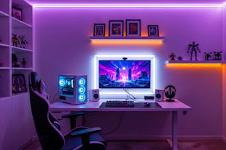 design gaming room setup, streaming room, study room, music studio, rgb lighting