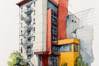 sketch architecture building with watercolor rendering