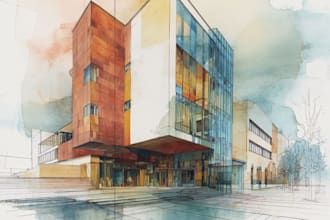 sketch architecture building or houses with watercolour rendering