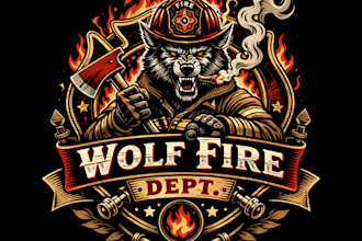 design high quality wolf fire mascot logo with t shirt design