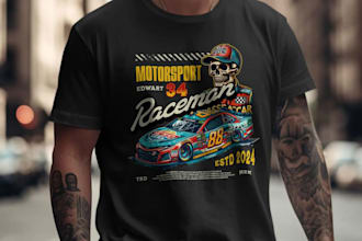 do retro motorsport skeleton racing car logo and t shirt design