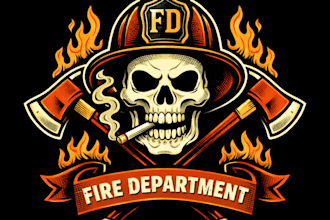 design high quality skull fire fighter vintage logo with t shirt design