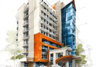 sketch architecture building with watercolor rendering