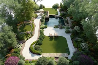design backyard landscape pool patio lawn realistic 2d rendering