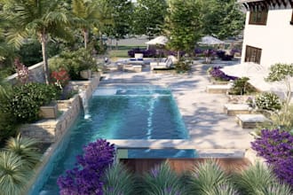 create a backyard landscape design, outdoor garden, pool, patio, pergola