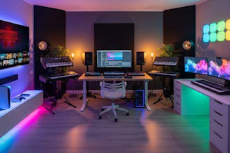 design music studio interior, gaming room, podcast studio, home theater, office