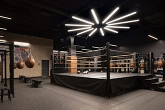 3d realistic martial art, boxing arena, gym studio, sport facility design