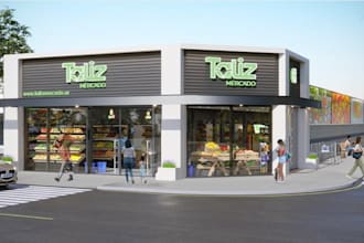 render 3d grocery store, mall, plaza and supermarket interior exterior layout