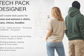 create tech packs for mens and women t shirts, jeans, chinos, hoodies