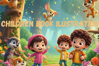 design 3d children book illustration, children story book illustration cover