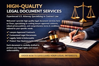 be your lawyer for business contract, legal agreement, terms of service or nda