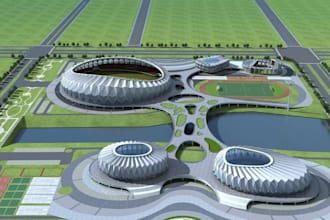 remodel modern sport complex, indoor outdoor gaming area, sport arena rendering