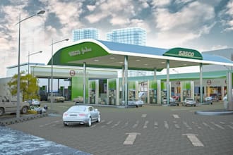 3d gas station,cgi exterior,forecourt render,car wash,car park,ev charging,shops