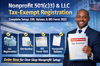 register nonprofit llc, prepare bylaws, obtain ein and 501c3 tax exempt approval