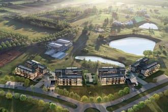 buildup modern residential building,golf course, 3d landscape aerial view render