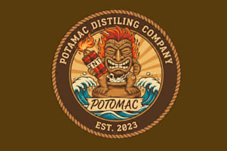 draw tiki tnt potomac distilling company mascot logo design