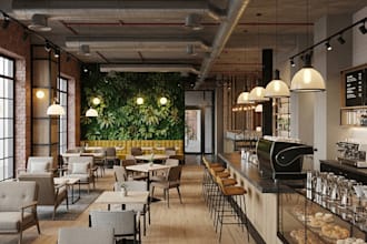 do 3d cafe shop interior rendering, cafe counter, bar design with space planning