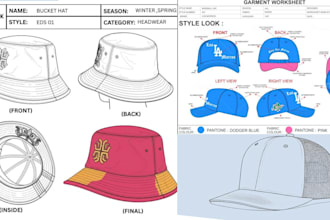 do hat and cap tech pack, bucket hat, trucker, dad cap with flat sketch design
