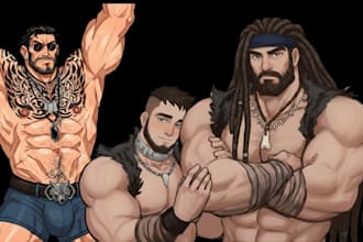 draw gay bara couple illustration, gay hairy bear, chubby, beefy muscle man art