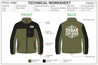 do detailed outerwear tech pack for hoodies, tshirts ski jackets and tracksuits