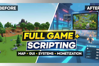 build full roblox game with scripting, UI, map design, gui and monetization
