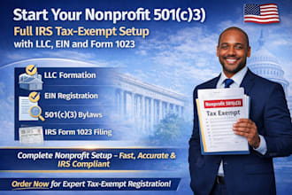setup your 501c3 nonprofit with irs tax exempt, ein,  bylaws, irs form 1023, 990