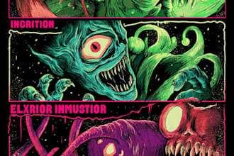 draw vintage horror, scifi, neon cartoon for your tshirt