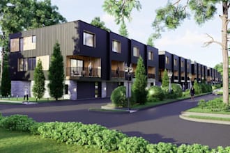 reconstruct 3d luxury townhome living,facade exterior,garden design,floor plan