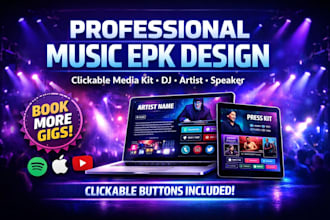design music epk, media kit with clickable buttons