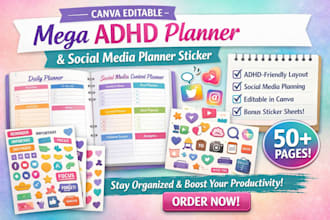 create editable canva mega adhd planner, social media planner sticker or vinyl