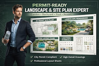 design permit site plan, landscape rendering for backyard, resorts, garden, pool